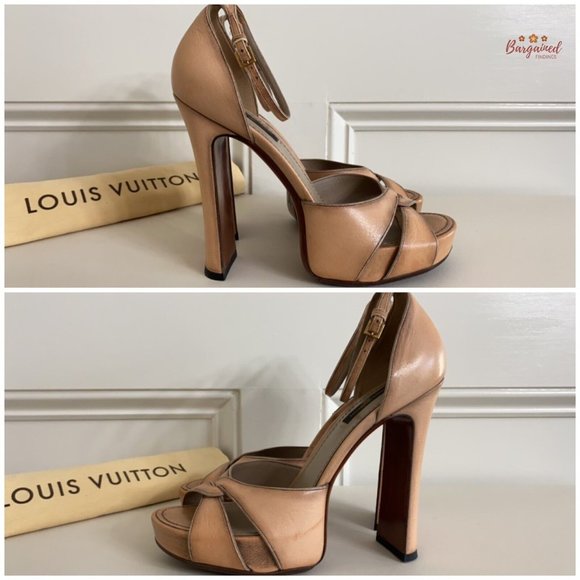 Authentic Louis Vuitton Nude Brown Distressed Leather Open Toe Platform Heel 7.5 - Picture 11 of 14